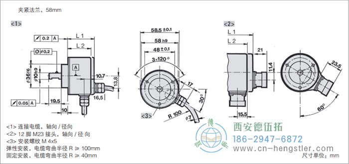 RI58-O/RI58-T標(biāo)準(zhǔn)實(shí)心軸光電增量編碼器外形及安裝尺寸(夾緊法蘭，58mm) 德國(guó)hengstler(亨士樂(lè))編碼器